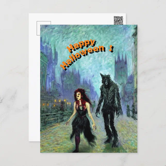 Werewolf and witch in town postcard