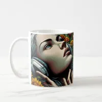 Beautiful Woman with Headphones in Sunflowers Coffee Mug