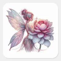 Whimsical Fairy Holding an Over-sized Flower Square Sticker