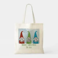 Merry Christmas 3 Colorful Holiday Gnomes in Snow Tote Bag