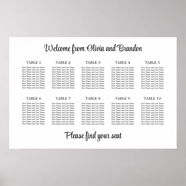 Stylish 10 Table Wedding Seating Chart Poster