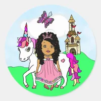 Pretty Ethnic Princess and Unicorn Castle Classic Round Sticker