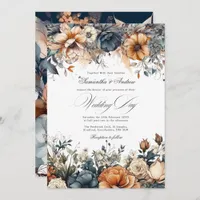 Navy Blue, Burnt Orange and Champagne Wedding Invitation