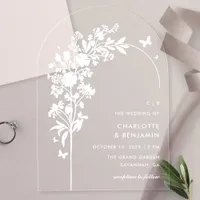 Modern White Botanical Butterfly Arch Wedding Acrylic Invitations