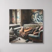 Homeless Man Napping in Abandoned Building   Canvas Print