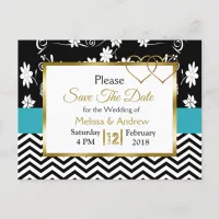 Black & Blue Floral Hearts Save the Date Announcement Postcard