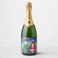 Cute Anime Couple | Merry Christmas  Sparkling Wine Label