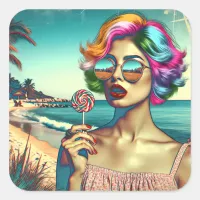 Beautiful Retro Pop Art Woman with Lollipop Square Sticker