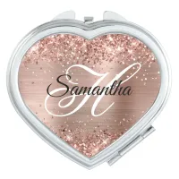 Glittery Rose Gold Foil Fancy Monogram Heart Compact Mirror