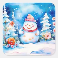 Christmas Snowman and Winter Flowers Square Sticker