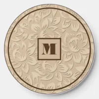 Masculine Mocha Brown Monogram Abstract Floral Wireless Charger