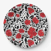 Pretty Floral Pattern in Red, Black and White Paper Plates