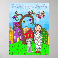 Whimsical Fold Art, Lady and Cat in Village Poster