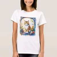 Kitty Cat in Window of Flowers   T-Shirt