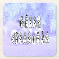 Merry Christmas Snow People Font, Blue Tint Snow Square Paper Coaster