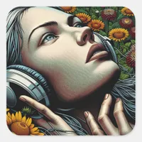 Beautiful Woman with Headphones in Sunflowers Square Sticker