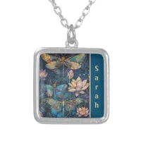 Dragonflies and Lotus Blossoms Silver Colored  Silver Plated Necklace