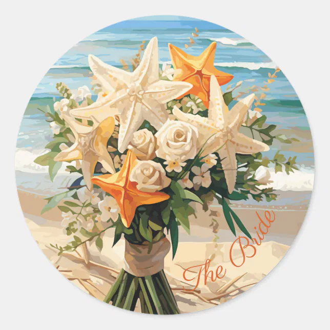 Beach Wedding Starfish Bouquet Round Stickers