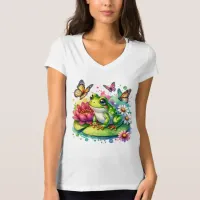 Cute Frog on Lily Pad with Flowers and Butterflies T-Shirt