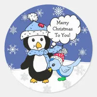 Christmas Penguin and Snow Blue Bird Classic Round Sticker