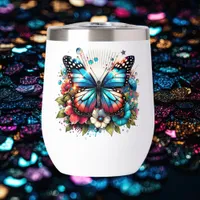 Pretty Blue Butterfly and Flowers   Thermal Wine Tumbler