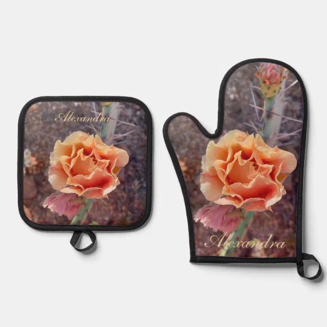 Pretty Peach Prickly Pear Flower Oven Mitt & Pot Holder Set