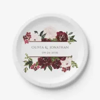 Boho Floral Burgundy and Blush Elegant Wedding Paper Plates