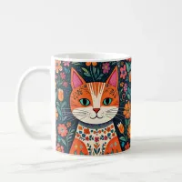 Whimsical Folk Art Cat and Flowers Coffee Mug