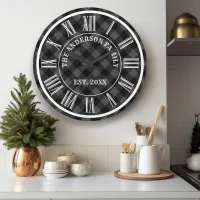 Gray And Black Buffalo Plaid Rustic Roman Numeral Large Clock