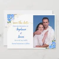 Blue Watercolor Floral Photo Wedding Save The Date