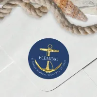 Nautical Navy Blue Gold Anchor Address Label