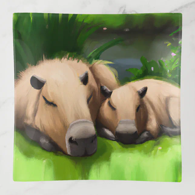 Cute Funny Napping Capybaras by the Pond Trinket Tray