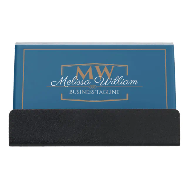 Blue Gold Monogram Desk Business Card Holder