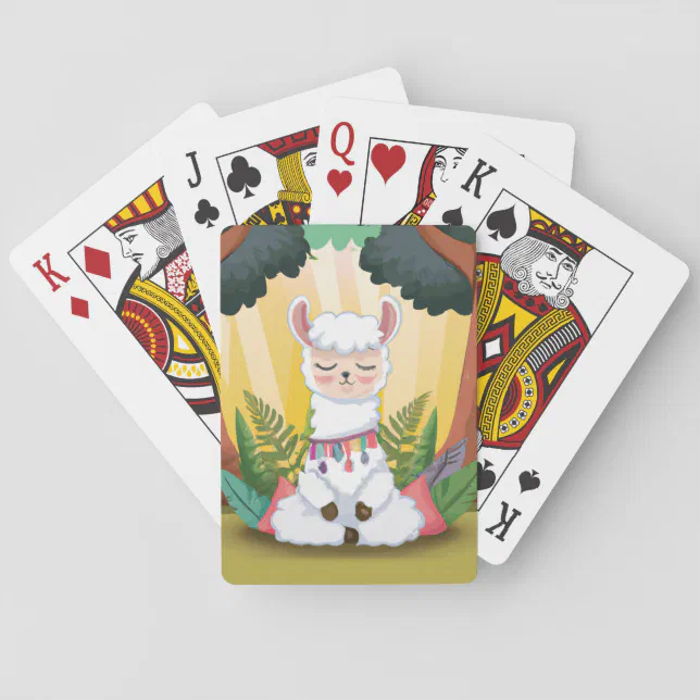 Cute Llama Meditating in Magical Forest Poker Cards