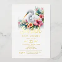 Tropical Egret Bird Coastal Baby Shower Foil Invitation