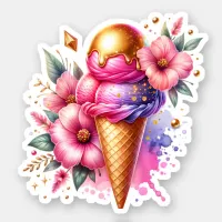 Pretty Pink and Gold Ice Cream Cone Birthday Sticker