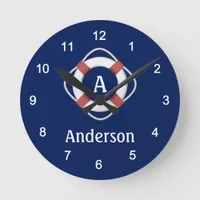 Navy Blue Nautical Lifesaver Monogram Round Clock