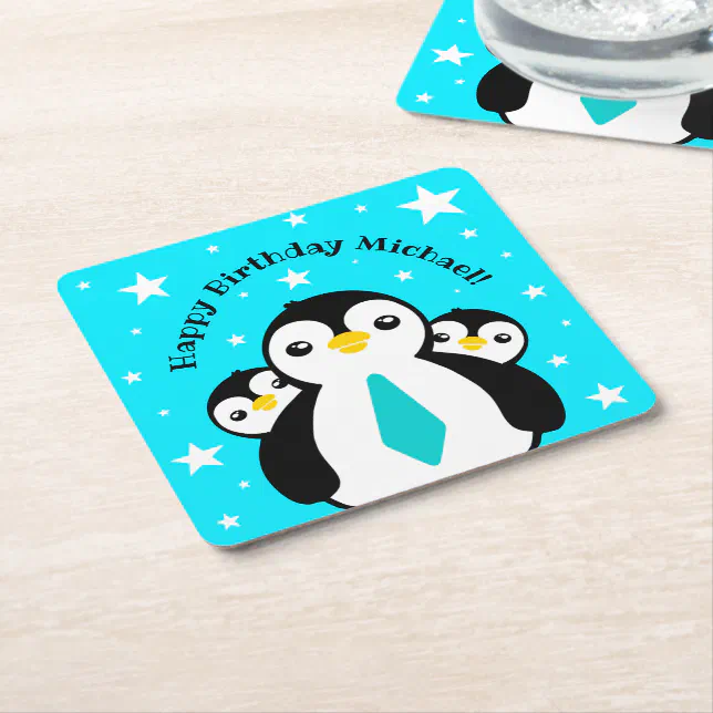 Cute Happy Birthday Boy Penguins Blue Neckties Square Paper Coaster