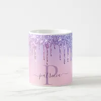 Glam Purple Glitter Drips Elegant Monogram Coffee Mug