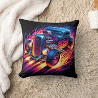 Vibrant hot rod racing on a neon-lit street   throw pillow