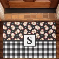 Vintage Santa Black Gingham Monogrammed Christmas Doormat