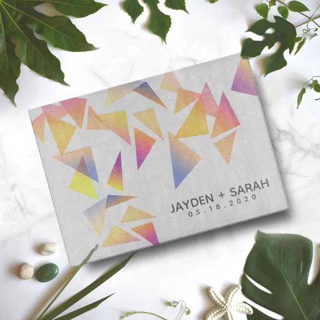 Pastel Triangle Confetti on White Wedding Cutting Board
