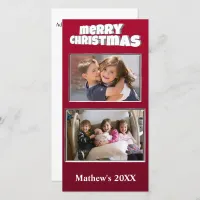 Two Photo Christmas Red Add Message on Back Family Holiday Card