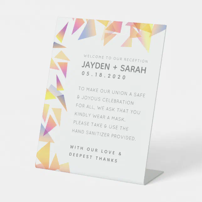 Pastel Triangle Confetti on White Safety Wedding Pedestal Sign