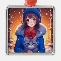 Anime Girl and a Kitten Winter Christmas Metal Ornament