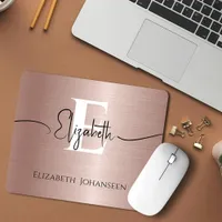 Elegant Rose Gold Brushed Metal White Monogrammed Mouse Pad