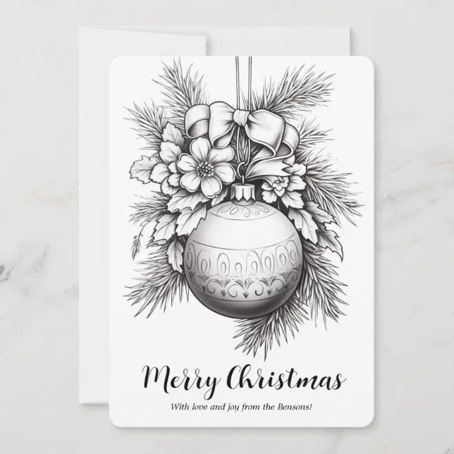 Christmas Ornaments Ribbon Pine Leaves Coloring Holiday Card