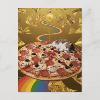 Surreal Cat on a Pizza Golden Rainbow Background Postcard