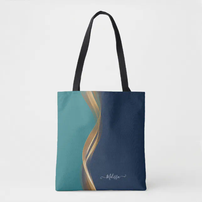 Elegant Gold Wave Blue Teal with Name Tote Bag