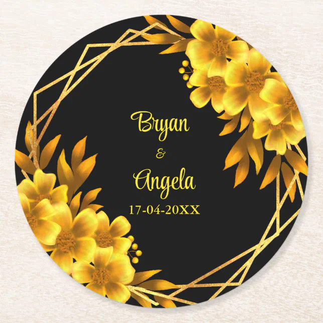 Autumn romance black & gold floral geometric fall round paper coaster